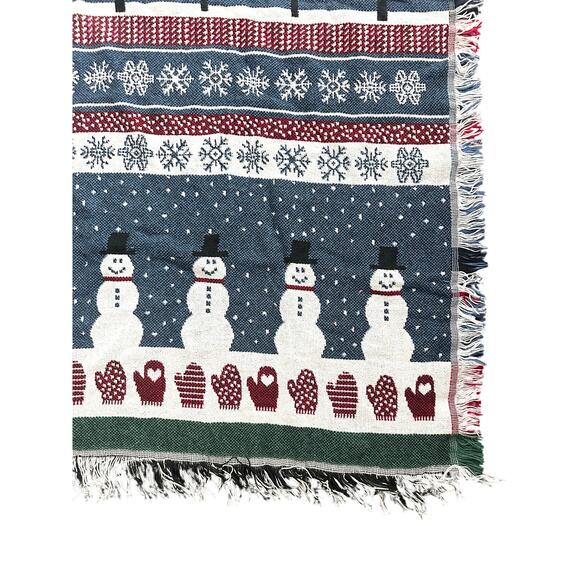 Crown Crafts Cotton USA Snowman Fair Isle Winter Theme Tapestry Blanket Fringe - Picture 5 of 8